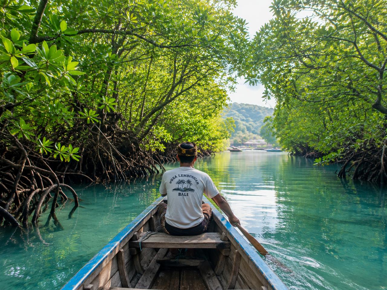 Traditional wooden boat in the Nusa Lembongan mangrove forest